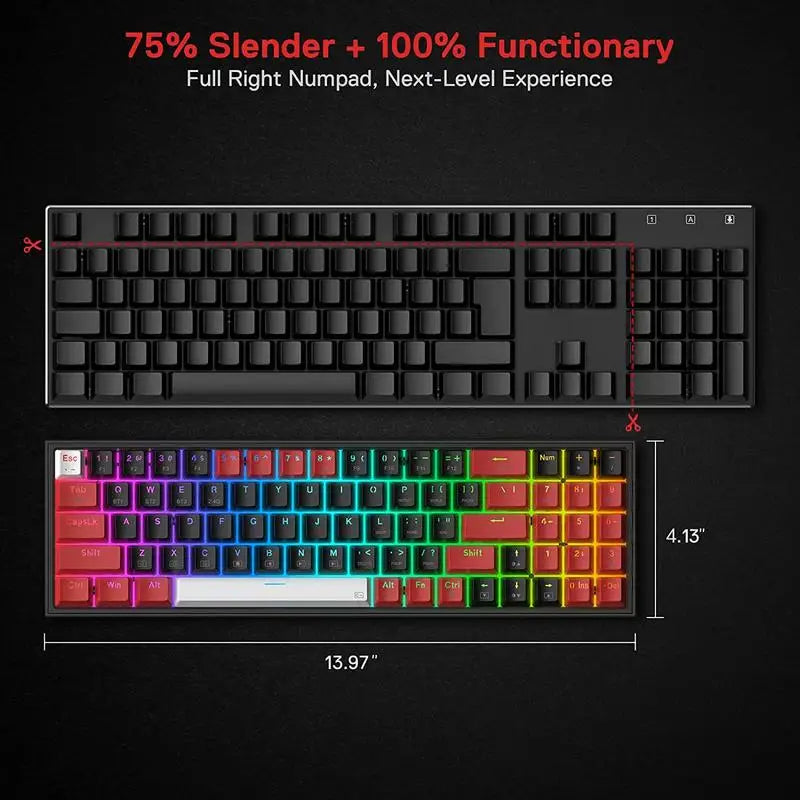 Redragon K628 PRO 75% 3-Mode Bluetooth 2.4Ghz Wireless RGB USB LED Gaming Keyboard 78 Keys Hot Swappable Compact Mechanical