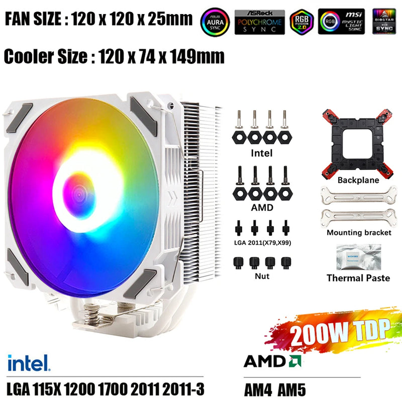 Wovibo 4 Tubo De Calor Cpu  Cooler Fan Ventilador Pwm 4Pin Argb Rgb Intel 115x1200 1700 2011 X79 X99 Amd Am4 Am5 Radiador