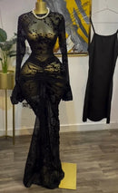 CM.YAYA 2025 Fall Women Long Sleeve Stacked Mesh See Though with Lining Bodycon Long Dress Evening Birthday Sexy Party Dresses