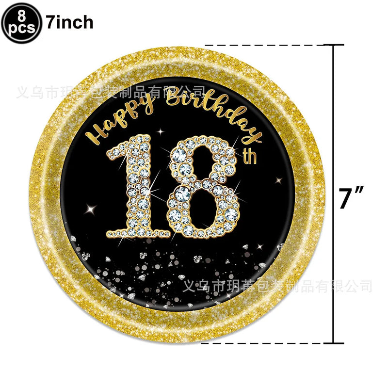 18th Birthday Party Disposable Tableware Plate Cup Napkin Black Gold Party Decorations Birthday Balloon 18 Years Party Supplies