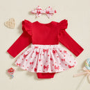 Adorable Toddler Girls Heart Print Romper Dress with Ruffles Long Sleeves and Matching Headband for Valentine s Day
