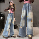 Girls Jeans Spring Autumn Cartoon Wide Leg Jeans for Teenage Kids Heavy Embroidery Star Loose Straight Leg Trousers for Children