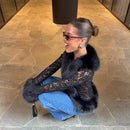 Sexy Lace Patchwork Women's Fur Coat V-Neck Full Sleeve Waist-Closed Lady Coats 2026 Autumn Winter Chic Female Streetwear