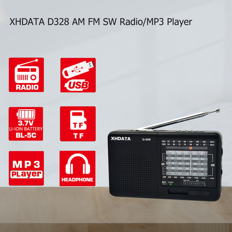 XHDATA D-328 FM Radio AM SW Portable Shortwave Radio Band MP3 Player With TF Card Jack 4Ω/3W Radio Receiver