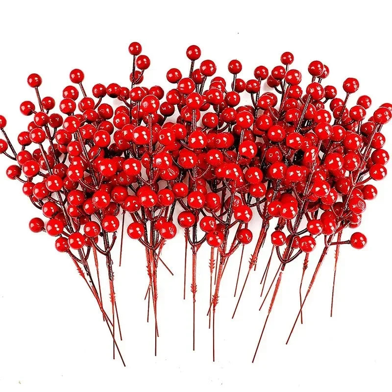 Wholesale Artificial Red Berries Stem Christmas Red Holly Berry Stamen Fake Flowers Plants Ornaments New Year Party Home Decor