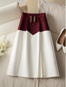 Women's Casual Red White Patchwork Skirt Y2k Elegant Chic Streetwear A-Line Long Skirt Harajuku Korean Vintage High Waist Skirt