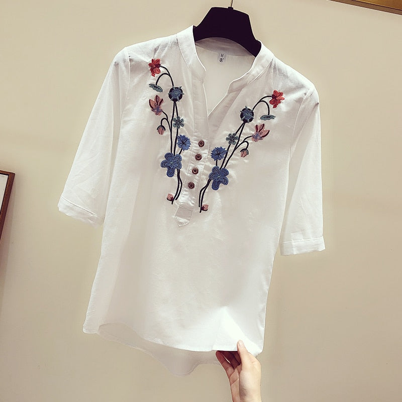 Womens Tops and Blouses Loose Shirts Cotton White Blouse Elegant Embroidery V-Neck Shirts 2023 Summer New Clothes 3140 50