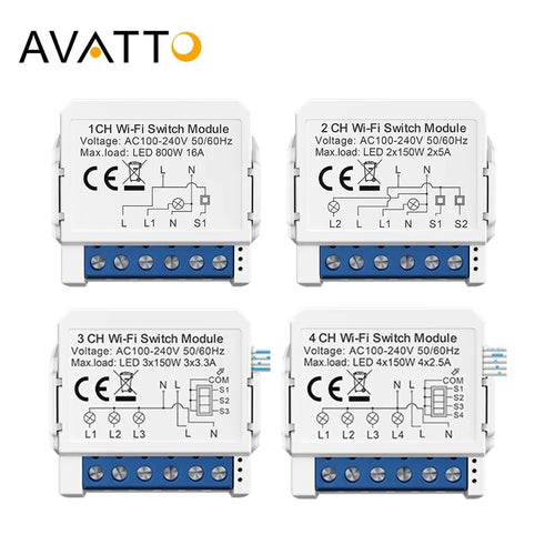 AVATTO Tuya WiFi 1/2/3/4 Gang Mini Smart Switch DIY Lichtschalter Modul 2-Wege-Steuerung Funktioniert mit Smart Alexa Alice Google Home