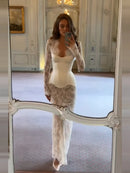 Sexy Lace Dress For Women Strapless Fishbone Corset Slim Waist Long Sleeve Mini Dresses 2026 New Hollow Out Party Two Piece Set