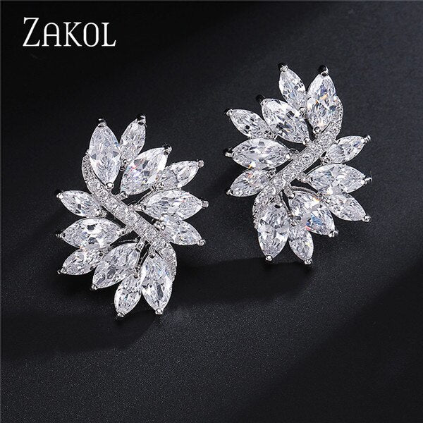 ZAKOL Delicate Cubic Zircon Crystal Stud Earrings for Women Fashionable White Color Flower Handmade Wedding Jewelry EP480