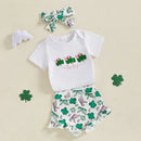 St Patrick s Day Toddler Girls Green Dress Set with Clover Embroidered Bodysuit Ruffle Shorts and Matching Headband