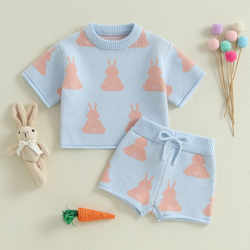 Adorable Baby Girls Easter Outfit with Bunny Print Knit Short Sleeve Top and Elastic Shorts Set - 2 Piece Cute Clothing