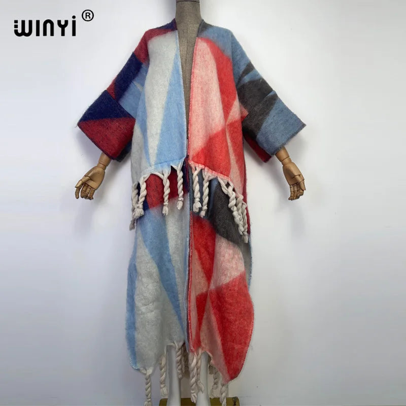 2022 WINYI Winter Women tassel Cardigan coat Loose Christmas dress robe longue Thick Warm free size Middle East Female Kaftan