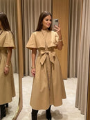 Women Trench Style Midi Dress Stand Collar Cape Overlay Short Sleeve Belted Waist A‑Line Dresses Autumn Elegant Office Outfits