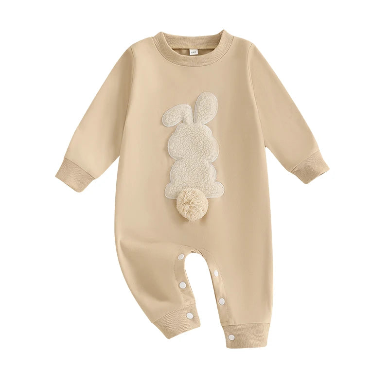 Lioraitiin Baby Girls Boys Easter Rompers Plush Bunny Embroidery Fur Ball Design Crew Neck Long Sleeve Spring Infant Jumpsuit