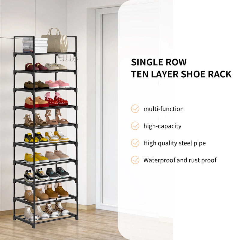 Shoe Rack 10 Tier Shoe Storage Organizer Metal With Hooks Fit 20-25 Pairs Shoes Easy Assembly, Space-Saving.