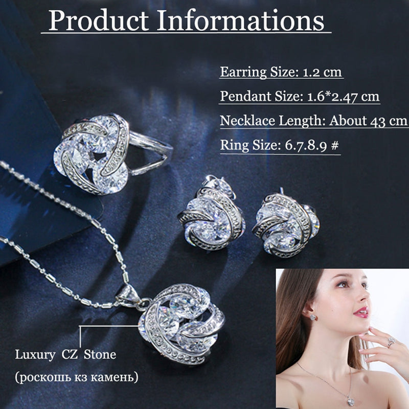 ThreeGraces New Fashion Silver Color Jewelry Sets Cubic Zirconia Knot Earrings Necklace Ring Set for Women Dancing Party JS124