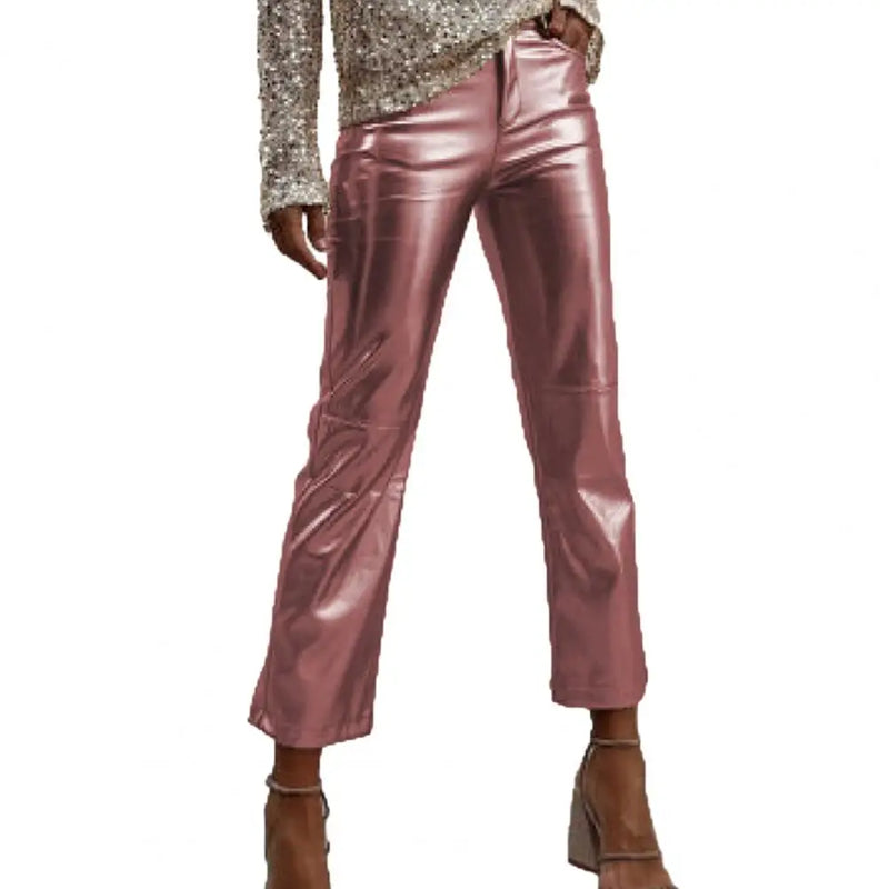 Women Metallic Straight-Leg PU Pants Faux Leather Mid Waist Zipper Breathable Club Party Lady Ninth Pants pantalones de mujer