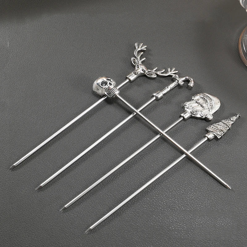 4 cocktail picks, stainless steel polished metal creative salad fruit picks, snow Geometric Skull Christmas kitchen tools