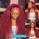 99j Burgundy Deep Wave 13x6 Lace Frontal Wig Water Wave Frontal Wig Curly Wigs 100% Human Hair  200 Density Women's Wigs 52 Inch