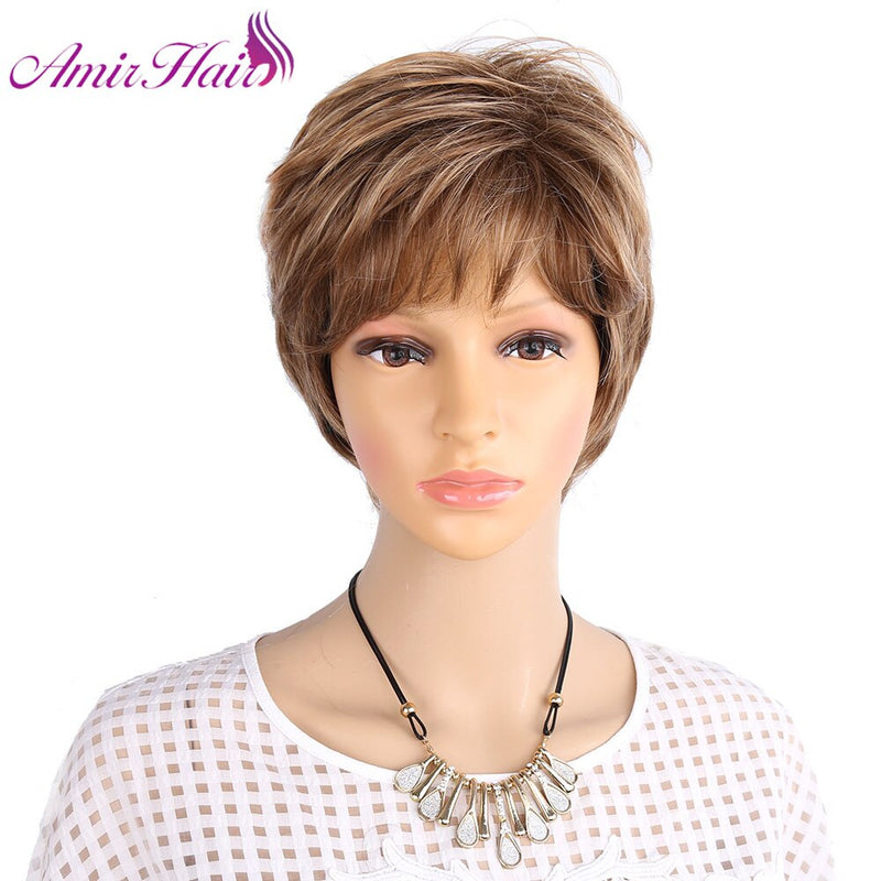 Amir Synthetic Pixie Cut Wigs Short Blonde Wig with Bangs for Women Brown Replacement Wig Straight Hair Wigs