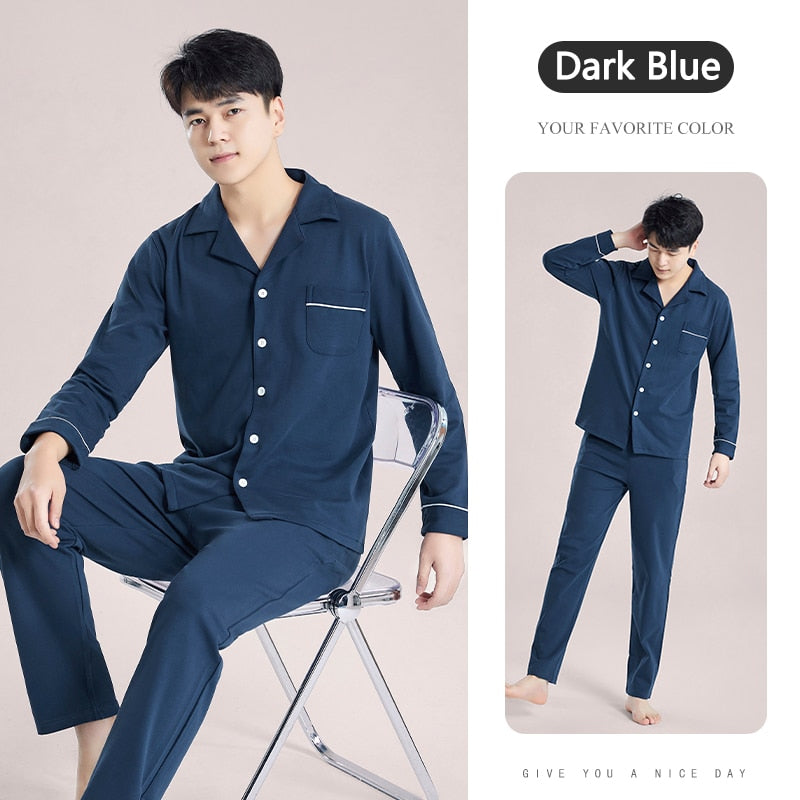 Autumn Winter 100% Cotton Pijama for Men Dormir Lounge Sleepwear Pyjamas Blue Bedgown Home Clothes Man Bedroom PJ Cotton Pajamas
