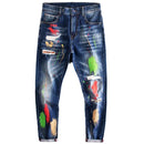 Streetwear Fashion Men Jeans Retro Blue Stretch Slim Fit Ripped Jeans Men Painted Designer Hip Hop Splashed Denim Pants Hombre