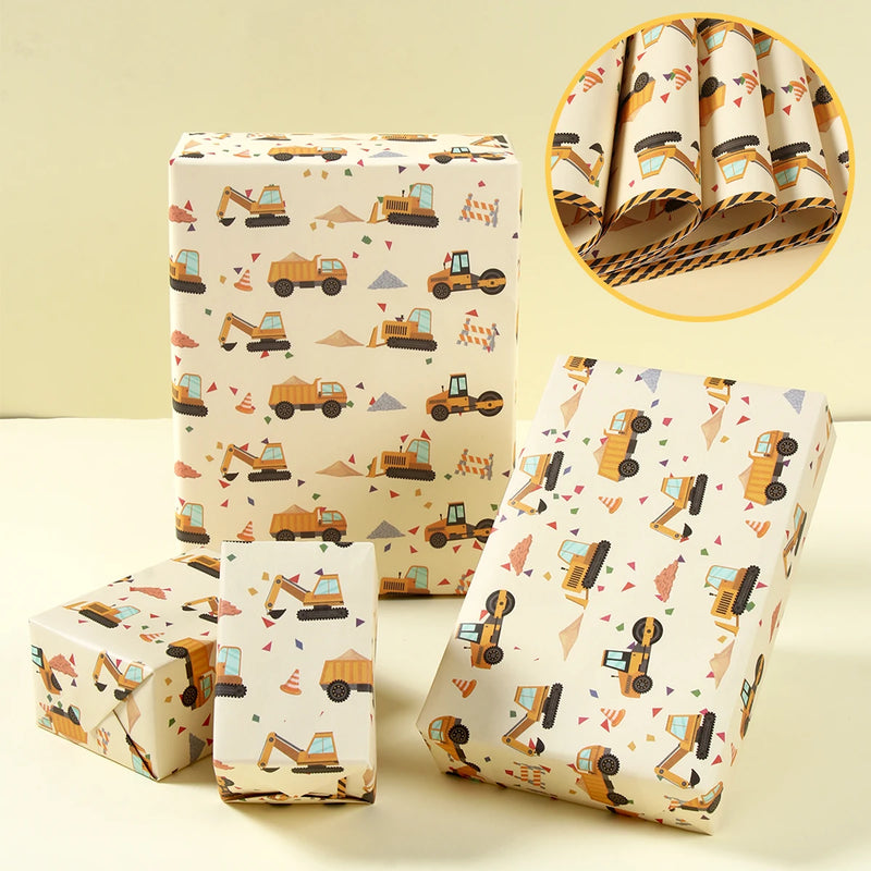 Construction Theme Gift Wrapping Paper Boys Birthday Party Gift Decoration Excavator Vehicle Birthday Party Favors