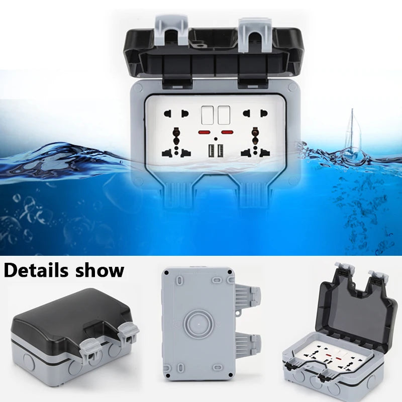 International Universal IP66 USB Wall Outdoor Waterproof Switch Socket,UK EU DE Korea Rain Proof Charging Outlet Waterproof Box