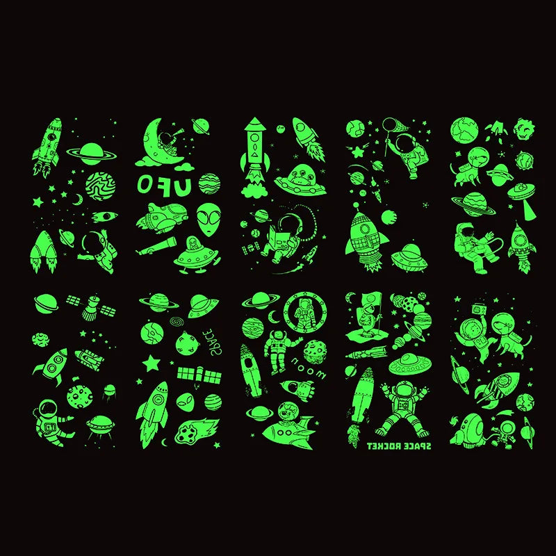 10 Sheets Luminous Outer Space Astronauts Temporary Face Body Tattoo Stickers Toy for Kids Birthday Party Favors Pinata Gifts