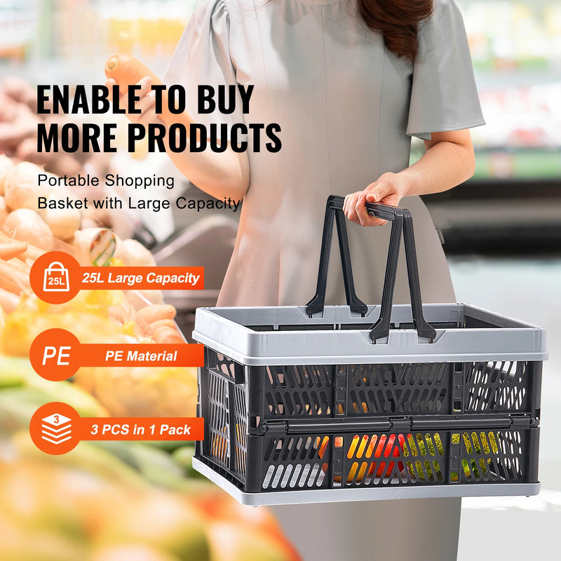 SucceBuy 3pcs Foldable Storage Basket Collapsible Shopping Crate with Handle for Kitchen Grocery Room Desktop Organization