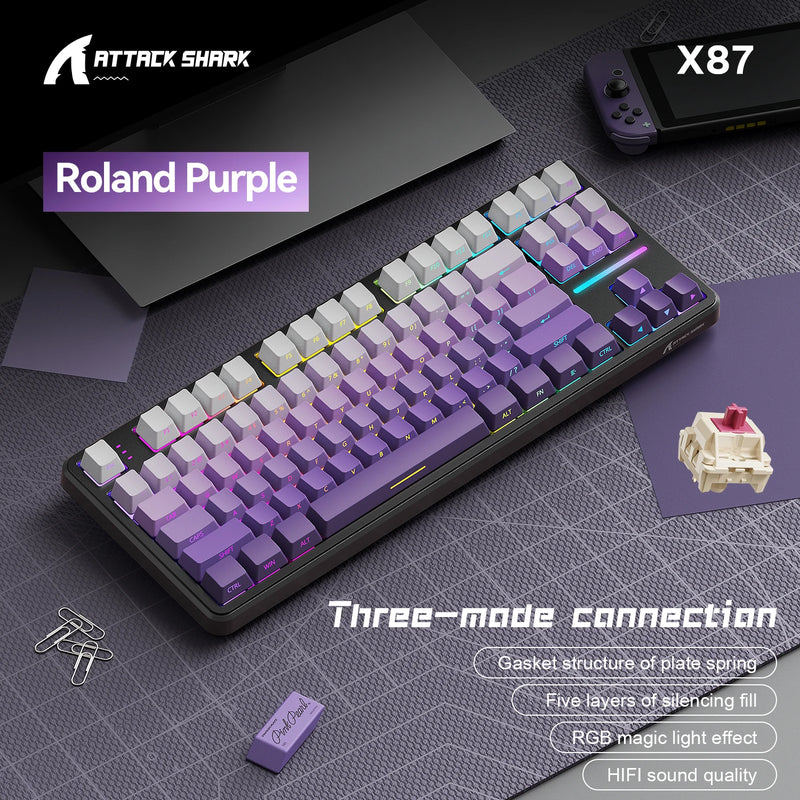 Gaming Keyboard X87 Attack Shark Side Engraved Translucent Character Wireless Mechanical Keyboard,RGB,Hot-Swap,Bluetooth Tri-mod