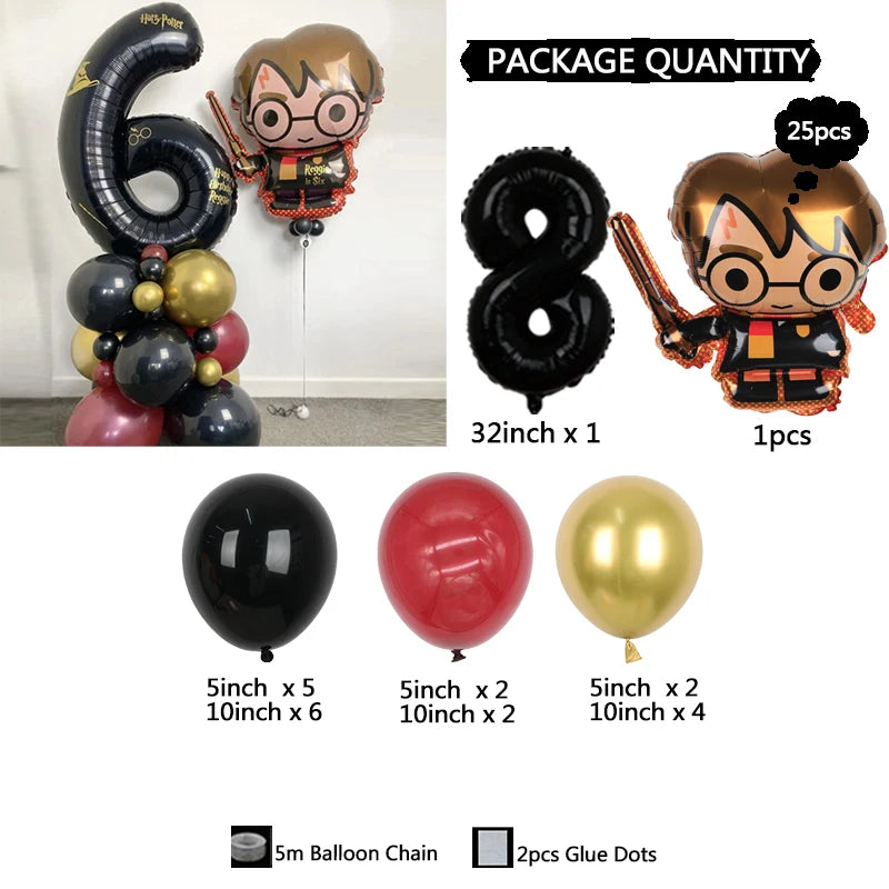 25pcs Harry Potter Theme Balloon Column 32inch Black Number 1-9th Children Birthday Baby Shower Party Decoration Globos Supplies