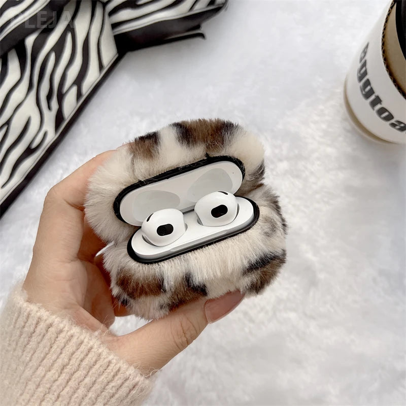 Fashion Fluffy Soft Plush Leopard Earphone Case For Apple AirPods 1 2 Pro 3 Cover Silicone Fur Headphones Box Protector Cases
