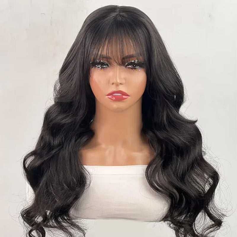 Body Wave Human Hair 30 Inche Wigs With Bangs 3x1 Full Machine Made Human Hair Wigs For Women Natural Color 200% Density