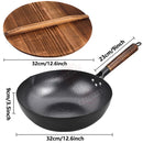Wok-Pfanne aus Karbonstahl 32cm, Bratpfanne mit Holzdeckel, unbeschichtet, flacher Boden, chinesische Pfanne für Induktion, Elektro, Gas, alle Herdarten