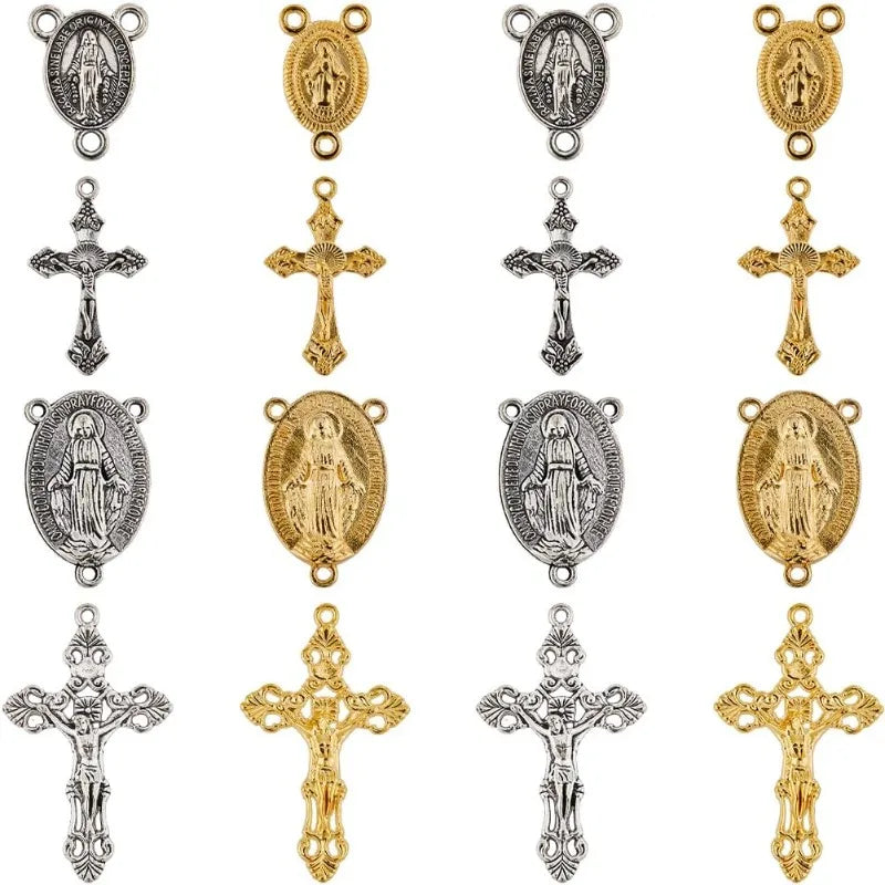 40Pcs 8 Styles Rosary Cross Charms Silver Crucifix Rosary Charm Easter Holiday Gold Tibetan Alloy Oval Chandelier Links Charm