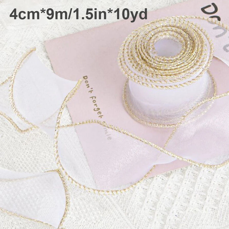 10Yards Sheer Wired Organza Ribbon With Golden Edge Chiffon Ribbon for Wedding Birthday Gift  Bouquet Wrapping DIY Decorations