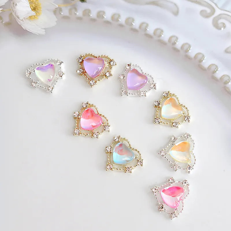 10Pcs 11.5x10mm Heart Shaped Designs Charms For Nail Art Alloy Accessories Aurora Gems Jewelry For Multi-Colors Nail Rhinestone