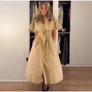 Women Trench Style Midi Dress Stand Collar Cape Overlay Short Sleeve Belted Waist A‑Line Dresses Autumn Elegant Office Outfits