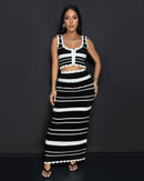 Tossy Striped Contrast Color Knitted Skirt Set 2-piece Summer Backless Casual Vest Top Women's Set 2-piece Sleeveless Skirt Set
