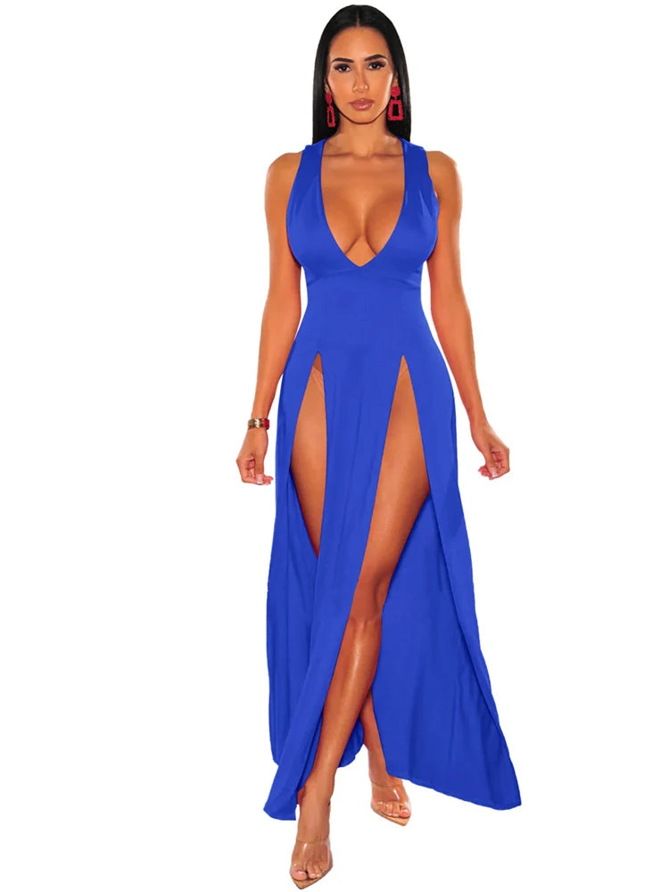 Womens Side Split Deep V Neck Bodycon Clubwear Maxi Vest Dress Sexy Sleeveless Bandage Slim Evening Cocktail Party  Long Dress
