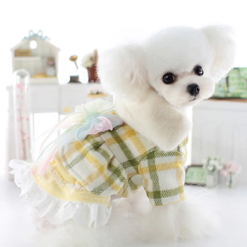 Dogs and Cats Winter Coat Tutu Fur Collar Bow Design Female Pet Puppy Warm Coat Outfit