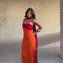 Color Blocking Scarf Collar Sling Dress Sexy Waist Cinching Chic Split Bodycon Maxi Dresses 2026 Lady Club Party Vestido