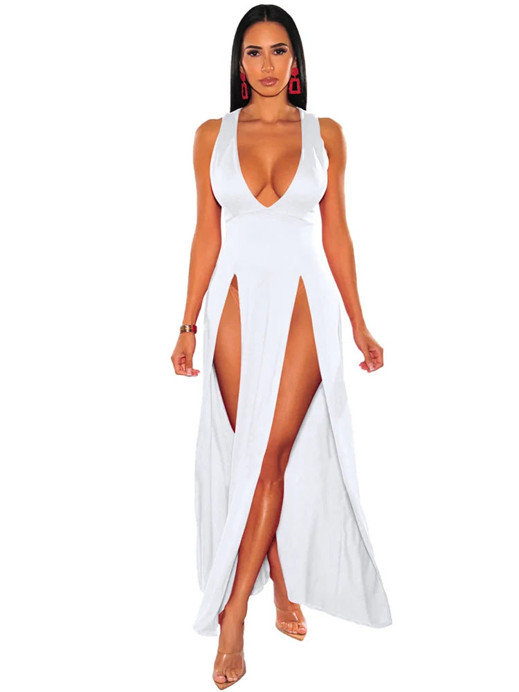 Womens Side Split Deep V Neck Bodycon Clubwear Maxi Vest Dress Sexy Sleeveless Bandage Slim Evening Cocktail Party  Long Dress