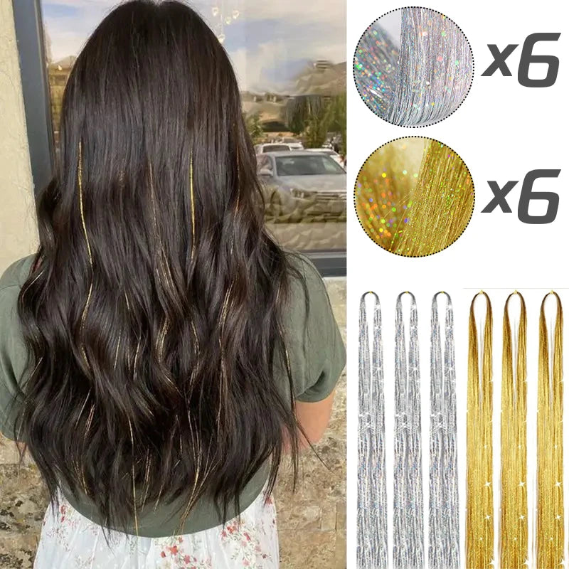 Tinsel Hair Extension 12pcs Glitter Sparkling Shinny Fairy Hair Accessories for Women and Girls for Christmas New Year Halloween