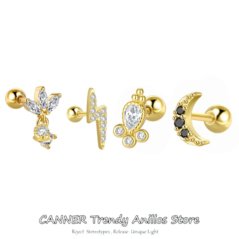 CANNER 1PC Real 925 Silver Stud Earring Small Zircon Earrings For Women Ear Bone Nail Lip Piercing Body Wedding Gifts Jewelry