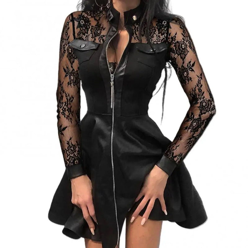 Fashion Women Lace Long Sleeve Zipper Pocket Large Hem Faux Leather Mini Dress