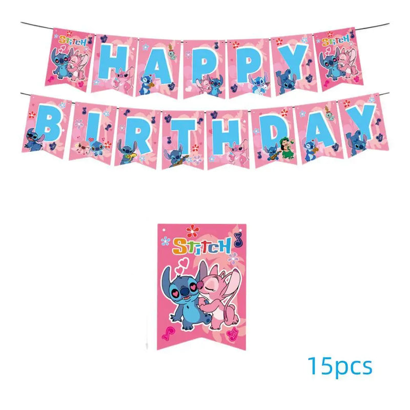 Disney Pink Lilo & Stitch Birthday Party Supplies Disposable Tableware Set  Girls Baby Showe Plate Banner Table Cloth Balloon