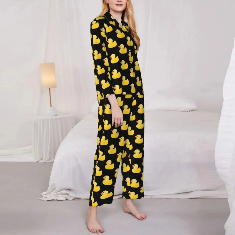 Pajamas Female Yellow Classic Ducks Daily Sleepwear Animal Two Piece Retro Pajama Sets Long Sleeve Elegant Oversize Home Suit
